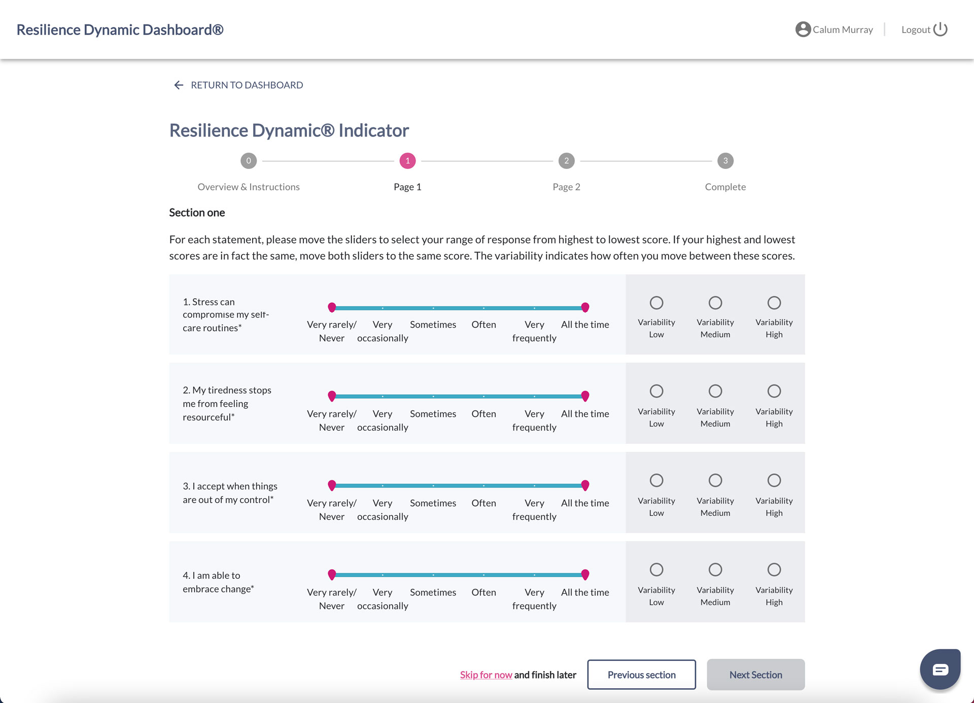 RDQ-Indicator Page 1 of the resilience dynamic indicator. This asks the participant to answer 4 questions that relate to their resilience on a scale from very rarely/never to all the time.