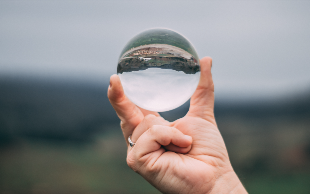 Hand holding glass ball with upside down perspective of a field captured in it